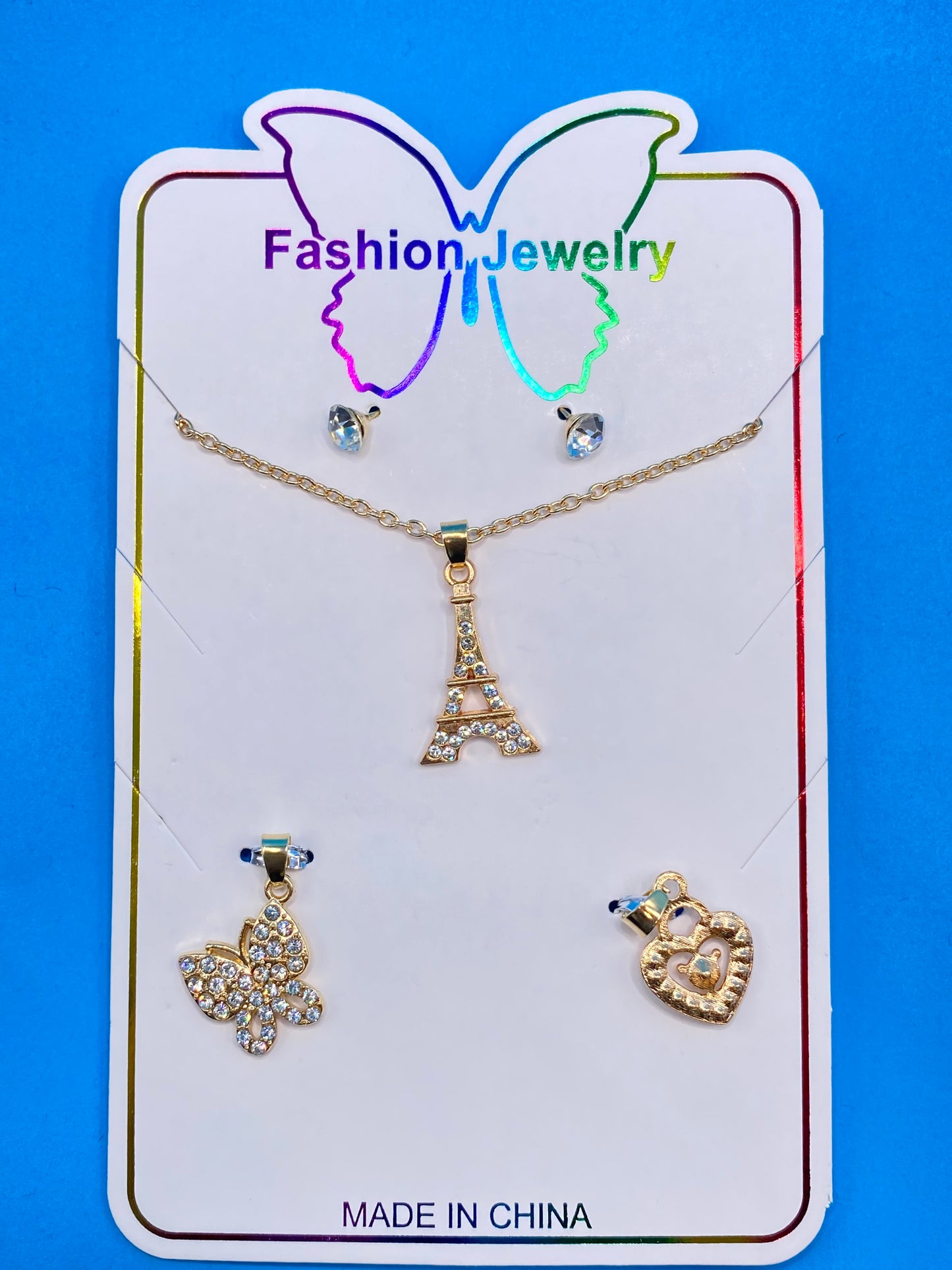 Eiffel Tower Gold Necklace with Butterfly & Heart Earrings