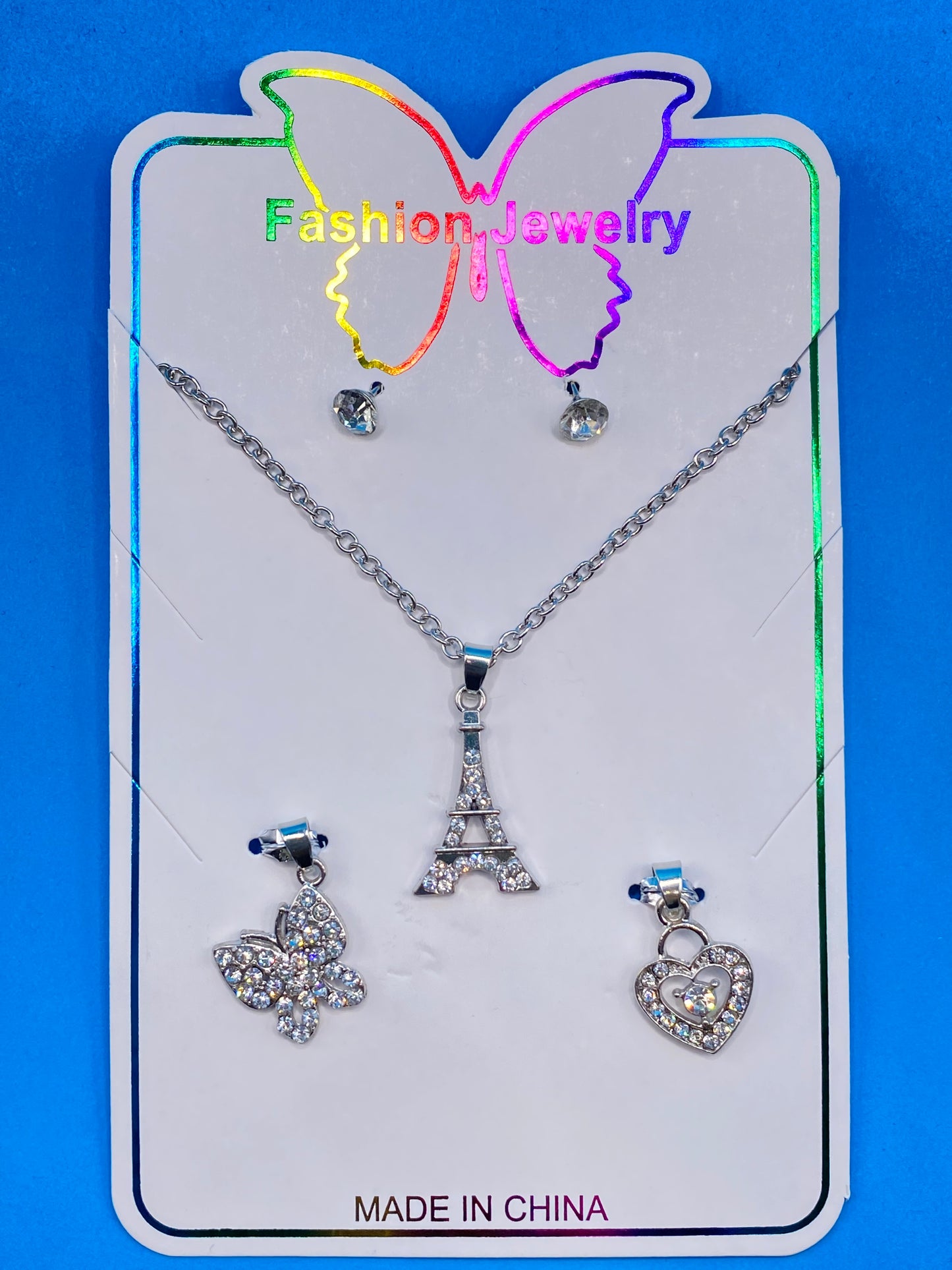 Eiffel Tower Gold Necklace with Butterfly & Heart Earrings